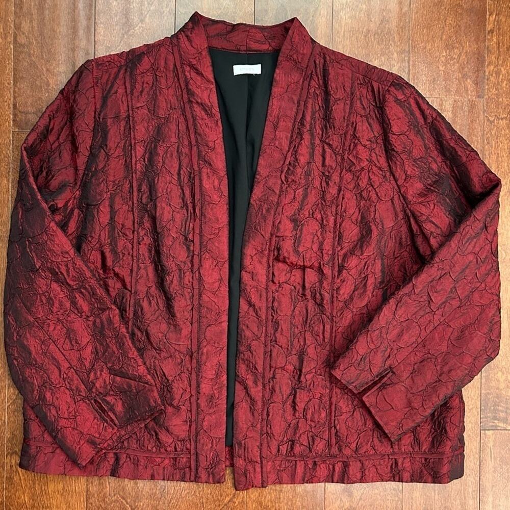 Chico’s Elegant Deep Metallic Red Quilted & Textured Open Front Jacket, Size XL